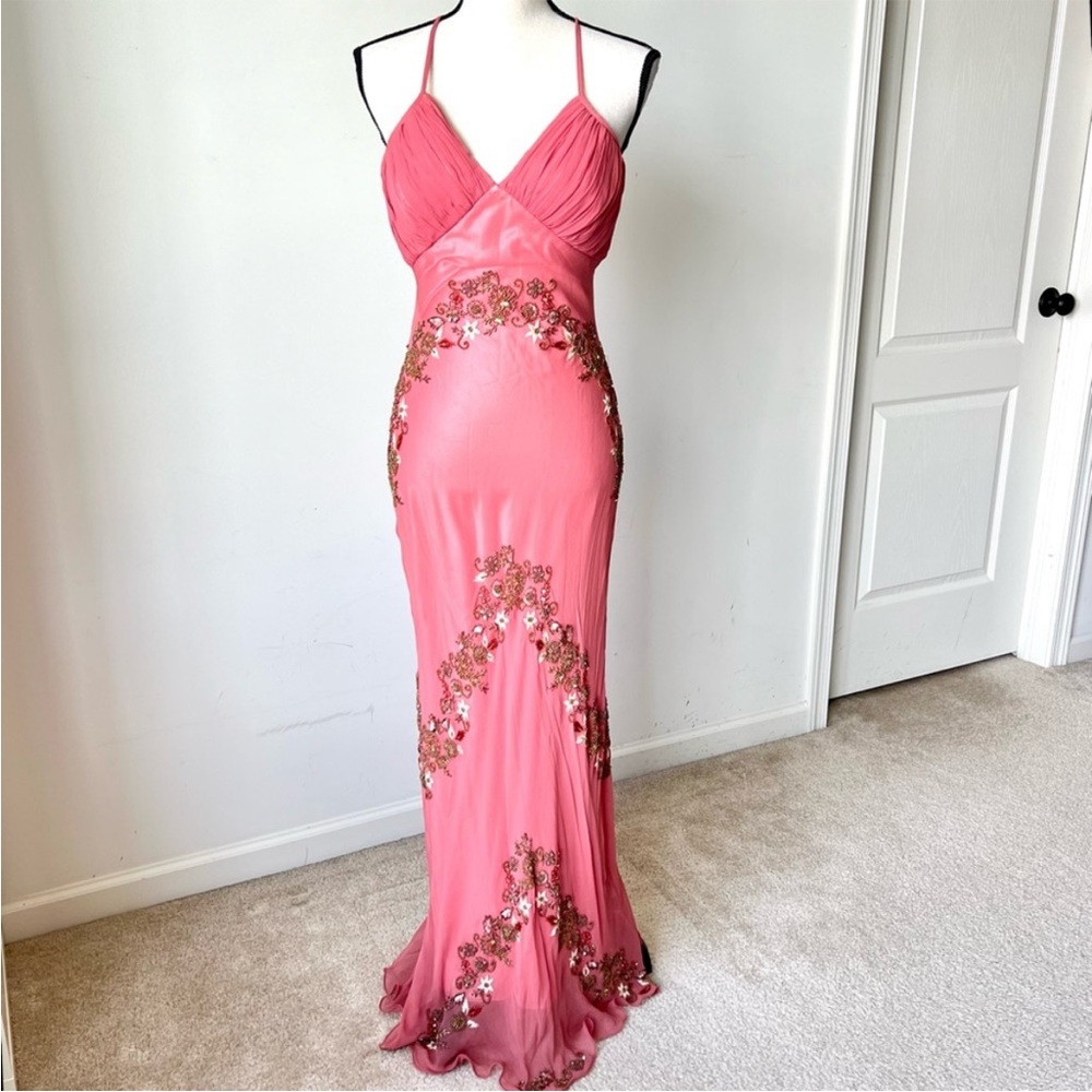 Vintage 90s 100% Silk Bead Dress Silk Dress Floral Prom Dress Fairy Cottage Pink - Picture 11 of 17